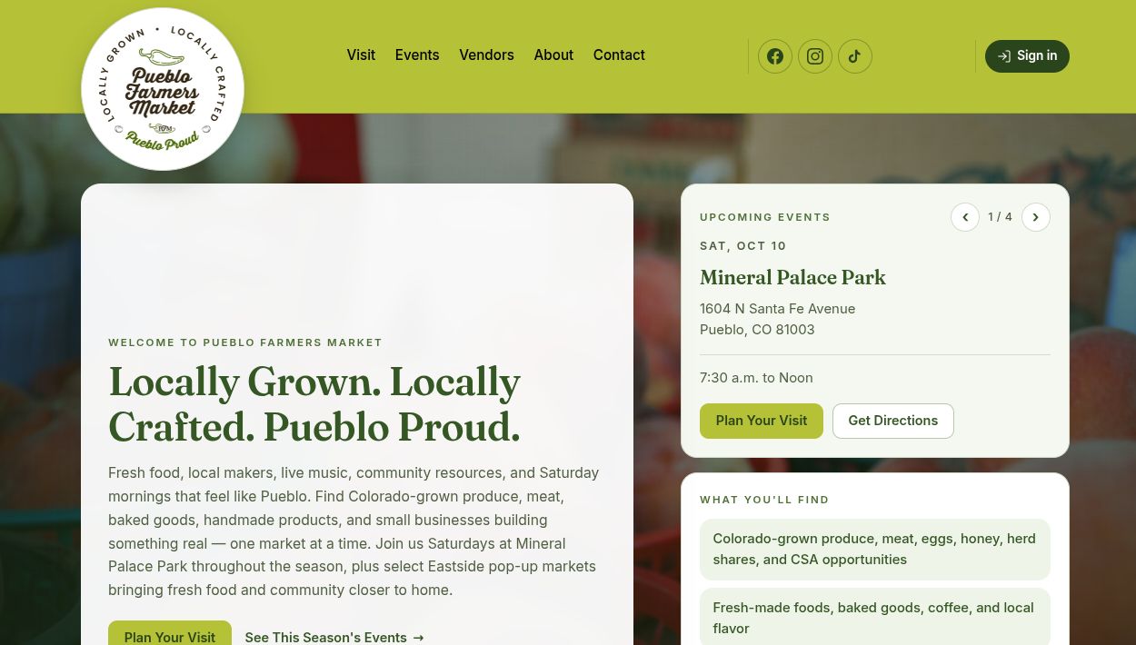Pueblo Farmers Market website showing its market logo, welcome message, and upcoming events.